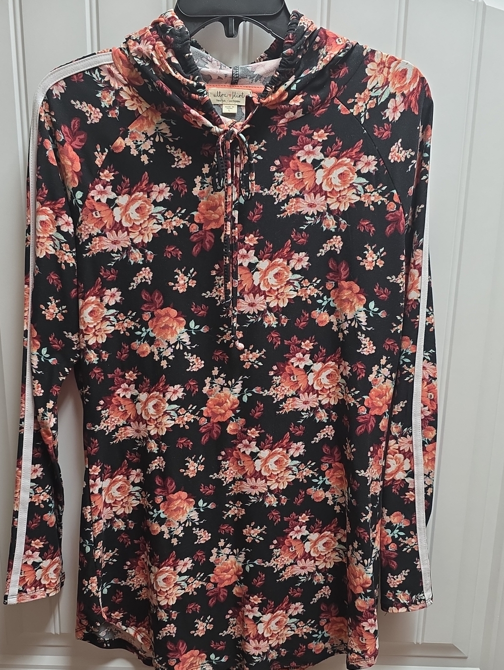 Ultra Flirt Black Floral Hooded Drawstring Top with Side Stripes L